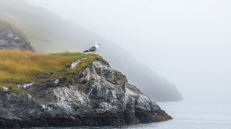 A solitary seagull perches on a rocky cliff amidst a foggy coastal landscape, surrounded by calm waters and a serene atmosphere. Ideal for nature lovers.の素材