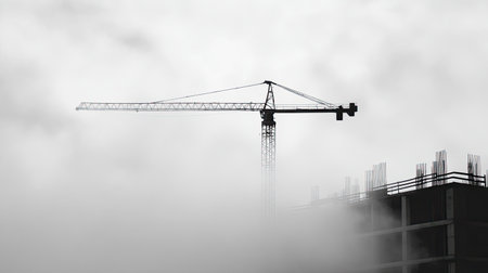A towering construction crane rises from a foggy landscape, highlighting urban construction efforts amidst overcast weather. The scene evokes a sense of mystery and industrial progress.の素材