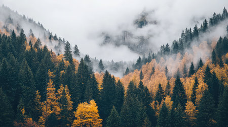 Discover a breathtaking autumn landscape with vibrant green and orange foliage, shrouded in mist, creating a serene atmosphere in nature.の素材