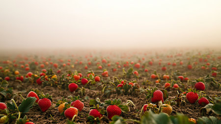 A breathtaking view of red strawberries scattered across a misty field at dawn. The soft light enhances the natural beauty of this rural landscape, showcasing the freshness of the fruit.の素材