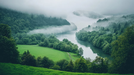 A serene river valley enveloped in soft fog and lush greenery invites viewers to explore a tranquil morning landscape rich in natural beauty.の素材