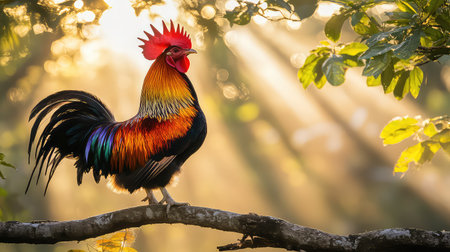 A striking rooster stands proudly on a branch, showcasing its vibrant plumage while sun rays filter through the lush forest foliage, creating a breathtaking scene.の素材