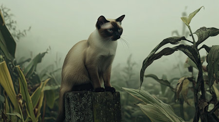 A serene Siamese cat sits gracefully on a weathered log, surrounded by lush greenery and enveloped in a gentle fog, creating a tranquil atmosphere.の素材