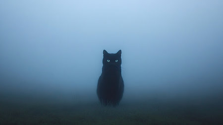 A striking black cat sits solitary in a foggy landscape, its glowing green eyes piercing through the mist. This image evokes a sense of mystery and tranquility in nature.の素材