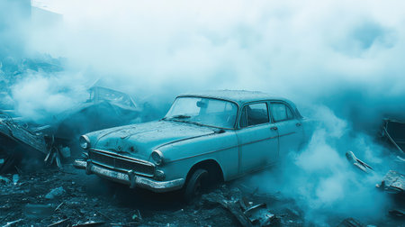 A captivating scene featuring an abandoned vintage car enveloped in blue smoke within a desolate junkyard. The atmosphere combines nostalgia with a sense of mystery.の素材
