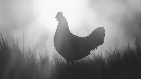 This striking black and white photo captures the silhouette of a rooster standing in a misty field at sunrise, showcasing dramatic lighting and serene beauty.の素材