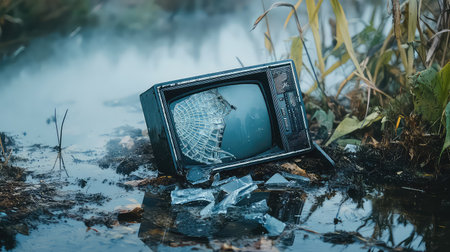 A broken retro television set lies abandoned in a tranquil marshland, surrounded by nature, with shattered glass and fog creating a serene yet haunting atmosphere.の素材