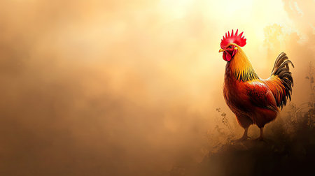 A striking image of a vibrant rooster standing proudly in a misty sunrise landscape. The soft light highlights its colorful feathers against a warm, dreamy background.の素材