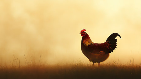 A striking silhouette of a rooster stands elegantly against a warm golden sunrise, capturing the essence of rural tranquility and natural beauty.の素材