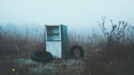 A haunting scene featuring an abandoned refrigerator and worn tires set against a foggy field, evoking feelings of isolation and neglect in nature.の素材