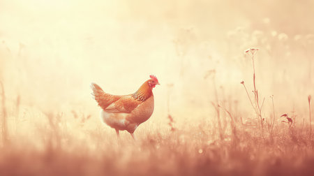 This captivating image features a chicken exploring a misty meadow at dawn, bathed in soft sunlight and surrounded by delicate blossoms, symbolizing peaceful rural life.の素材