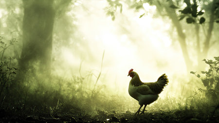 A solitary chicken stands gracefully in a misty forest, with soft light filtering through trees, capturing the serene beauty of nature in the morning.の素材