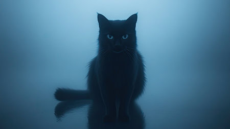 A striking silhouette of a black cat emerges through a gentle mist, illuminated by soft blue light, creating an atmosphere of mystery and allure.の素材