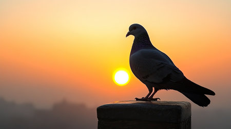 A stunning silhouette of a pigeon perched on a ledge during a vibrant sunrise. The warm colors of the sky create a tranquil atmosphere, emphasizing nature's beauty.の素材
