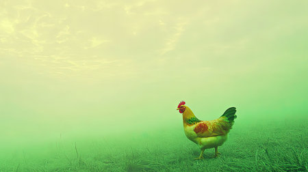 A vibrant rooster stands alone in a tranquil misty landscape during sunrise, showcasing its colorful feathers against the soft backdrop of nature's beauty.の素材