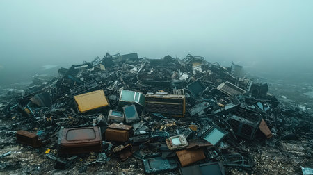 A fog-covered landscape showcases a massive pile of obsolete television sets, highlighting the impact of electronic waste on the environment. This image captures the challenges of pollution.の素材
