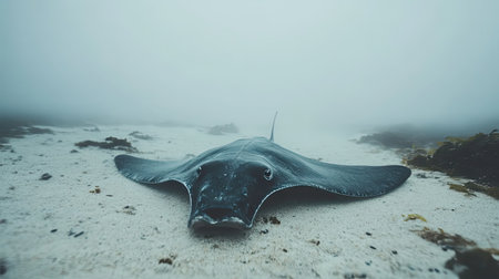 A stunning black stingray gracefully swims over a sandy ocean floor, shrouded in a mysterious fog, showcasing the tranquility of marine life.の素材