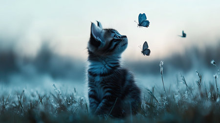 A delightful scene featuring a cute kitten captivated by butterflies in a tranquil meadow. The soft twilight ambiance enhances the serene beauty of nature.の素材