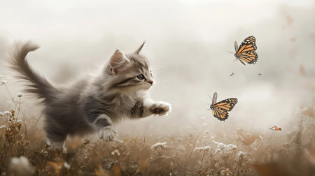 A charming kitten engages with vibrant butterflies in a soft-lit field of flowers. This playful scene captures the innocence and joy of nature.の素材
