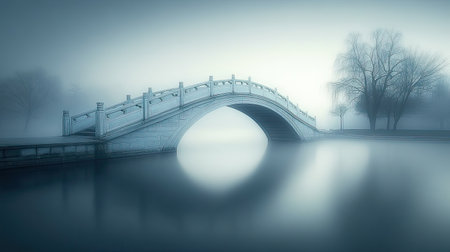 This serene image captures an elegant bridge in a foggy landscape. The mist envelops the scene, creating a tranquil atmosphere, perfect for calming reflections.の素材
