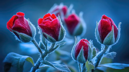A captivating image of red roses adorned with delicate frost, presenting a serene and charming aesthetic. The soft blue background enhances the flowers' vibrant colors and rich textures, making it ideal for various floral-themed projects.の素材