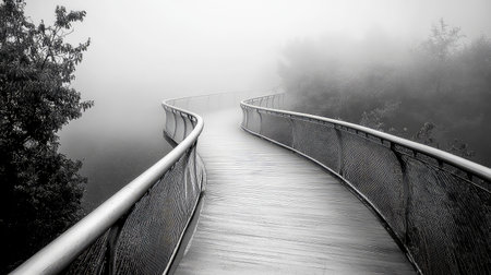 A beautiful curved footbridge cuts through a dense fog, creating a serene scene in black and white. Perfect for evoking a sense of tranquility and exploration.の素材