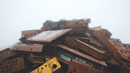 This image captures a large pile of rusty metal scraps set against a foggy backdrop, highlighting the themes of industrial waste and environmental impact.の素材