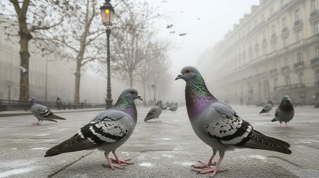 Two pigeons stand in focus in a foggy urban street, surrounded by their flock, showcasing a serene and atmospheric morning setting in the city.の素材