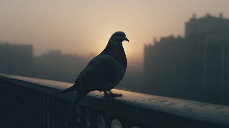 A graceful silhouette of a pigeon perched on a railing, set against a misty dawn. Soft lighting creates a serene atmosphere, highlighting urban architecture.の素材