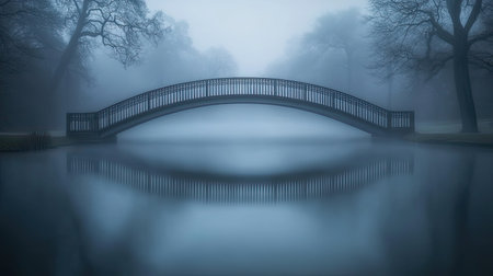 A tranquil scene showcasing an elegant bridge arching over still waters, enveloped in mist creating a serene atmosphere perfect for meditation.の素材