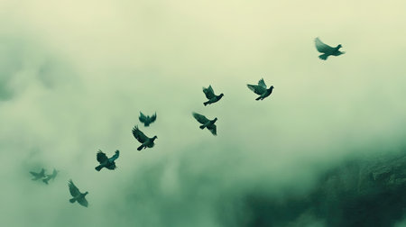 A mesmerizing display of birds soaring through a misty sky, capturing a serene moment in nature. The soft colors and ethereal atmosphere evoke feelings of peace and freedom.の素材