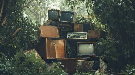 A collection of abandoned vintage televisions lies in a serene forest, showcasing the intriguing contrast between technology and nature.の素材