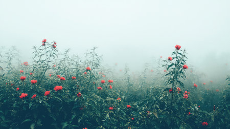 A serene landscape featuring bright red flowers emerging from a soft layer of fog, creating a tranquil atmosphere in nature. Perfect for capturing the essence of calm mornings.の素材