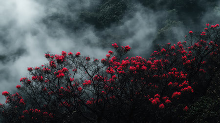 A striking display of vibrant red flowers contrasts beautifully with a misty backdrop in a lush green landscape, evoking tranquility and natural beauty.の素材