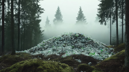 A striking image of a plastic waste pile in a foggy forest, emphasizing the urgent environmental issues of pollution and habitat destruction, showcasing the need for sustainability.の素材