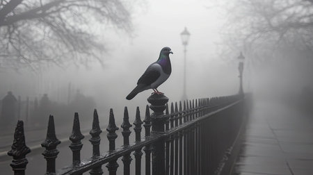 A serene and atmospheric image featuring a pigeon perched on an iron fence in a foggy urban park. The scene captures a quiet morning with soft light and muted colors.の素材