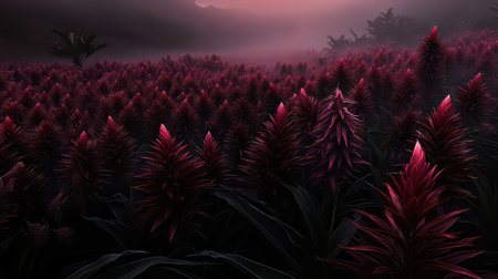A breathtaking view of a vast field filled with vibrant red flowers, shrouded in mist during dawn. The atmospheric scene captures the beauty of nature.の素材