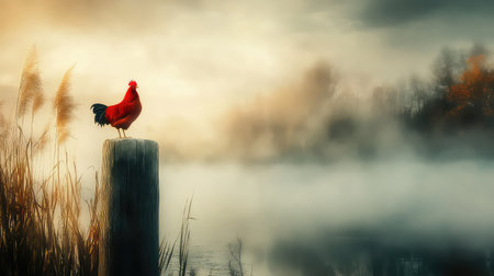 A stunning red rooster stands proudly on a weathered wooden post amidst a serene and misty landscape. The soft sunlight illuminates the scene, evoking tranquility.の素材