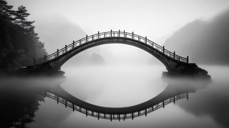 This captivating black and white image showcases a serene bridge arching over a misty water body, reflecting its structure beautifully. The tranquil atmosphere invites viewers to explore the harmony between nature and architecture.の素材