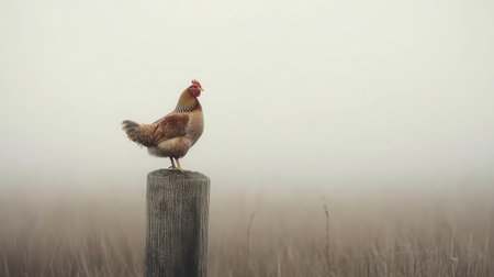 A solitary chicken stands on a weathered wooden post amidst a thick fog that envelops the tranquil landscape at dawn. The scene captures the essence of rural beauty.の素材