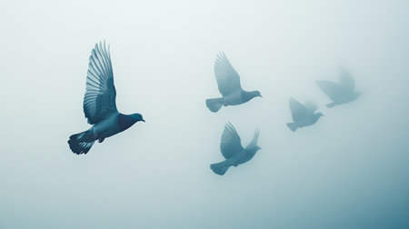 A serene image capturing the ethereal flight of birds through a misty atmosphere, showcasing their grace and freedom. The soft focus creates a tranquil mood perfect for nature lovers.の素材