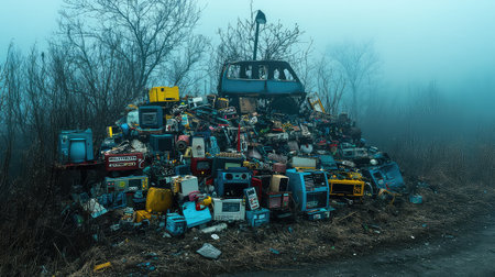 This image depicts a large pile of abandoned electronics waste, engulfed in fog, highlighting environmental concerns associated with discarded technology.の素材