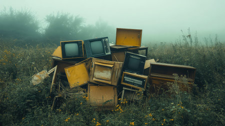 A pile of abandoned vintage televisions sits in a foggy, overgrown field, showcasing a unique blend of nature and discarded technology in an atmospheric setting.の素材