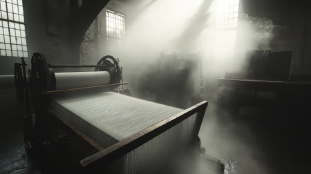 This atmospheric image captures antique textile machinery in a dimly lit setting, enveloped in steam and shadows, showcasing industrial heritage and craftsmanship.の素材