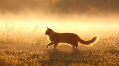 A captivating orange cat gracefully strolls through a serene foggy field at sunrise, with warm light illuminating its fur, highlighting the beauty of nature.の素材