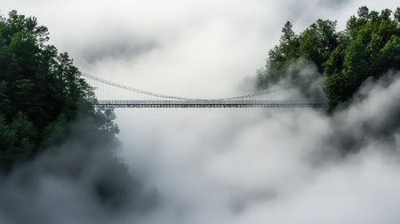 A stunning misty landscape featuring a suspension bridge gracefully connecting two sides of a fog-covered forest, embodying serenity and natural beauty.の素材