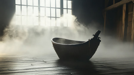 This image features a wooden bathtub surrounded by a dreamy mist, capturing a serene atmosphere. Soft light filters through windows, creating an inviting ambiance.の素材