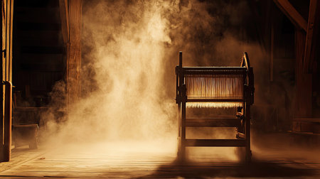 An evocative scene of an old loom inside a dusty workshop, illuminated by warm light. The setting portrays the artistry and tradition of textile making.の素材