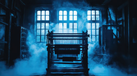 An atmospheric scene featuring an old printing press shrouded in fog, with dramatic lighting filtering through large windows in a vintage interior.の素材