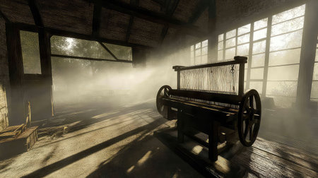 An atmospheric view of an abandoned workshop showcasing a loom bathed in sunlight and surrounded by mist, creating a serene and nostalgic ambiance.の素材